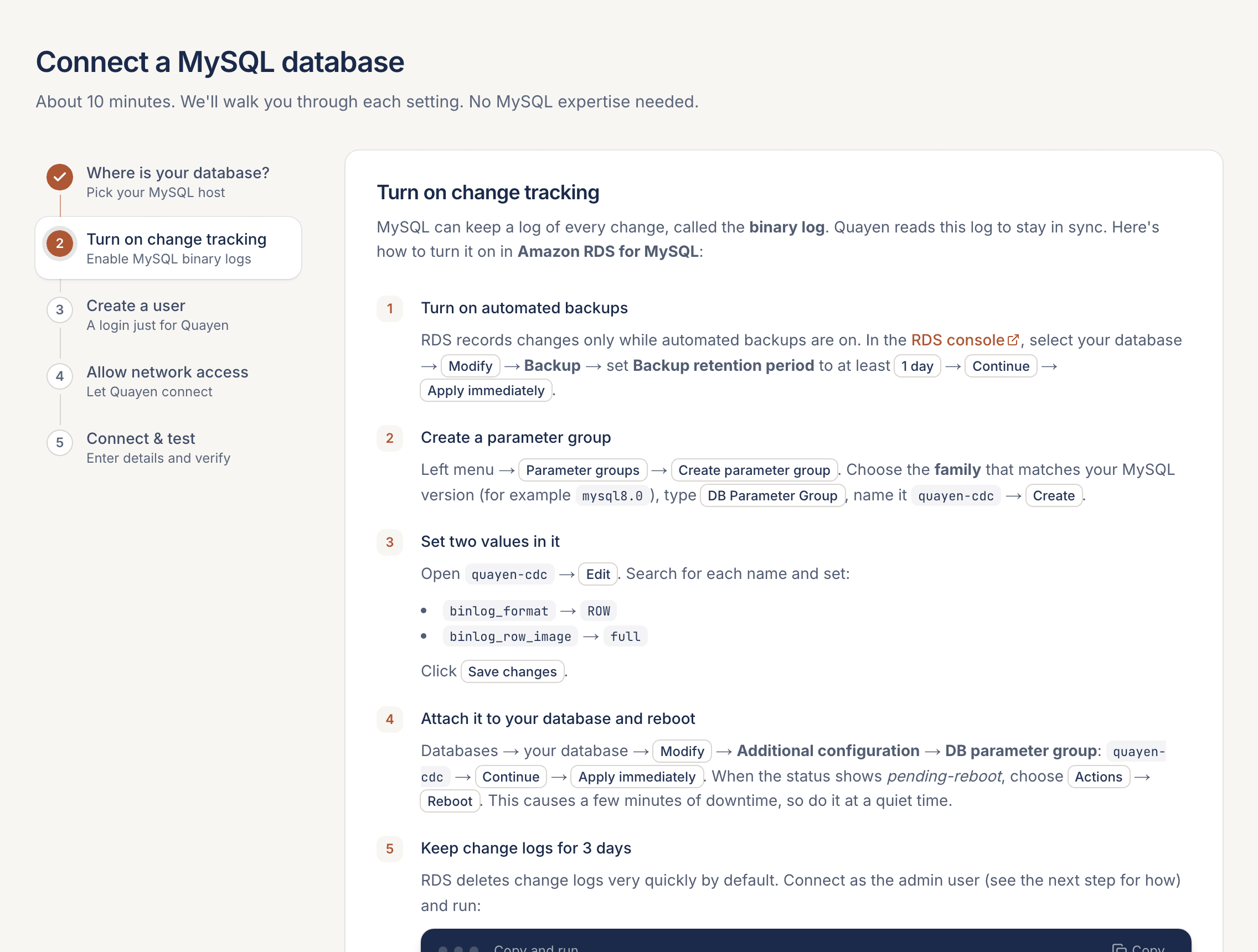 Setup guide showing the exact steps to turn on MySQL binary logging in Amazon RDS